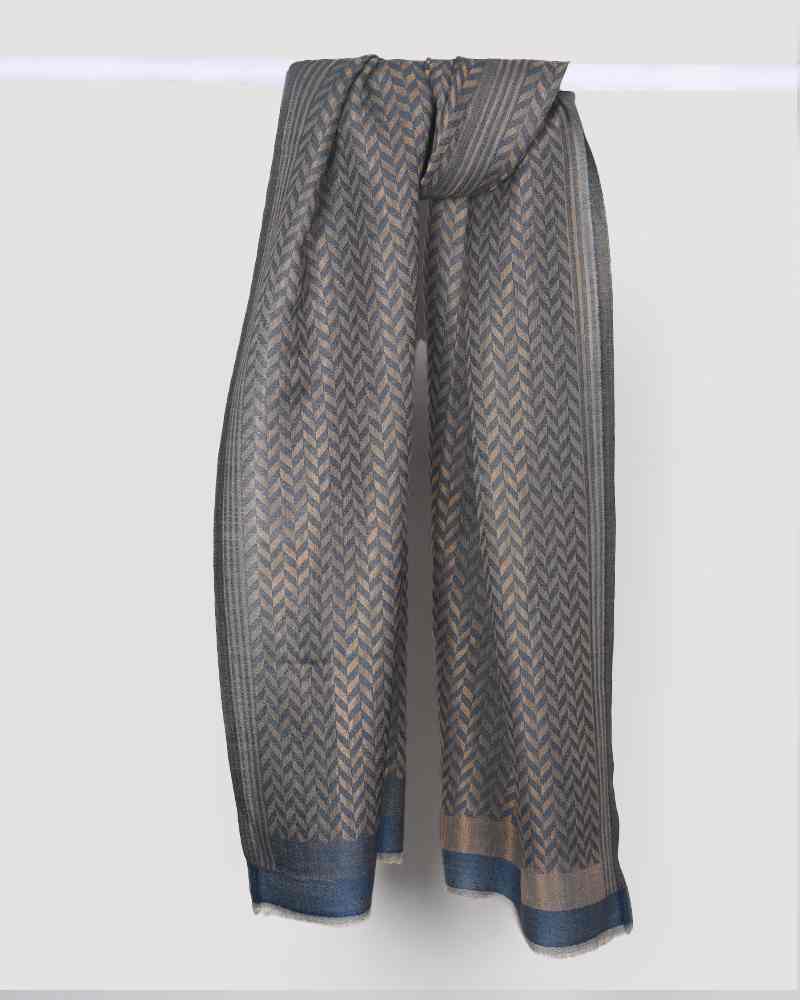 Blue Pashmina Wool Zari Chevron Pattern Stole – Luxury Winter & Festive stole Wrap