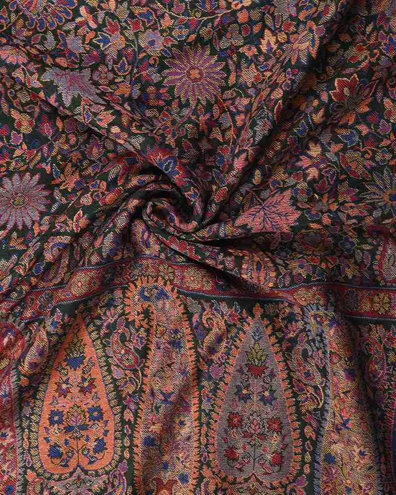 Green Pashmina Wool Kani Stole – Handcrafted Luxury Winter Shawl
