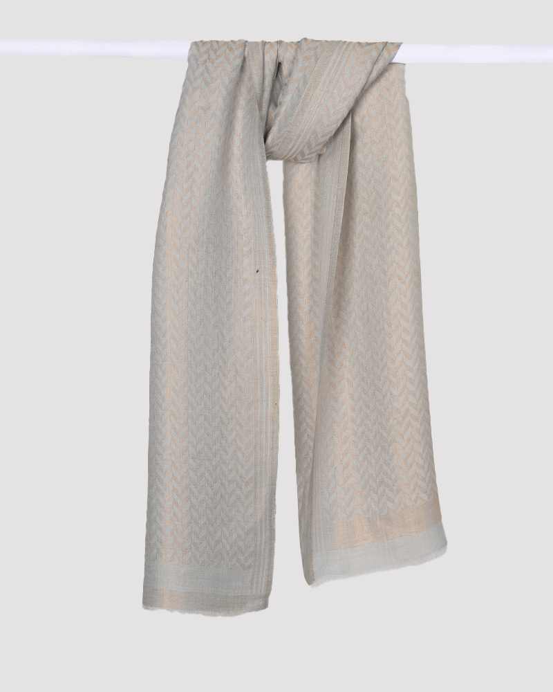 Cream Pashmina Wool Zari Chevron Pattern Stole – Lightweight Luxury Wool Blend Wrap